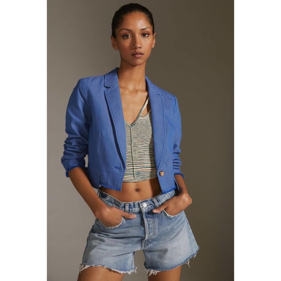Anthropologie Jackets & Blazers - by Anthropologie Cropped Frayed Hem Blazer Blue Single Button Women's Size 2
